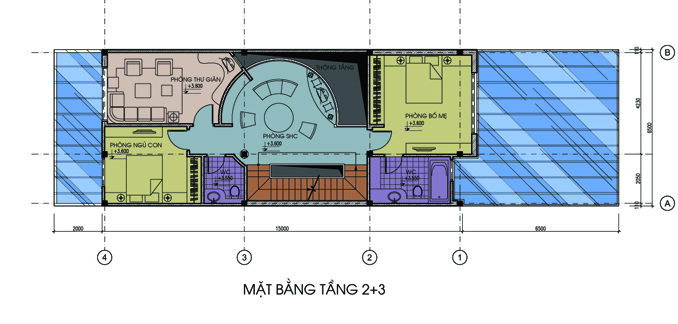 Thiết kế kiến trúc nhà ống  Mặt bằng tầng 2-3